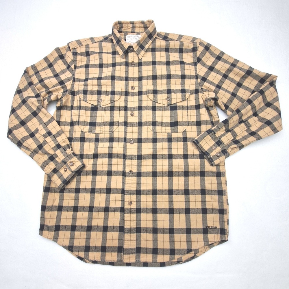 Filson Button Down Flannel Shirt Mens Medium Tan Black Plaid Cotton Long Sleeve